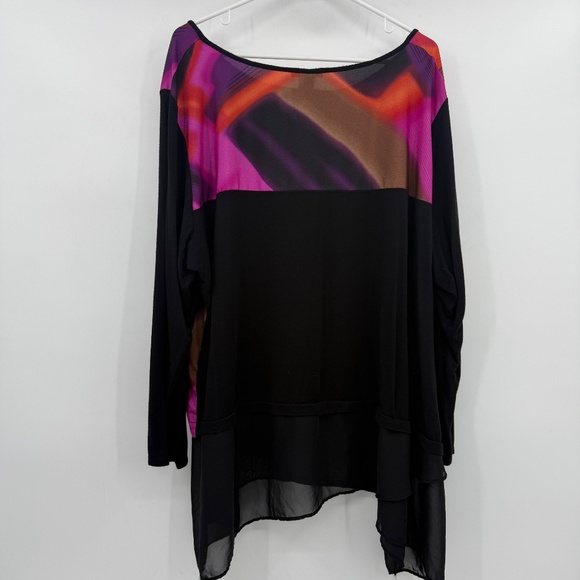 Sunny Leigh Top Women 3X Black Pink Artsy Long Sleeve Chiffon Trim Colorful - Picture 5 of 12